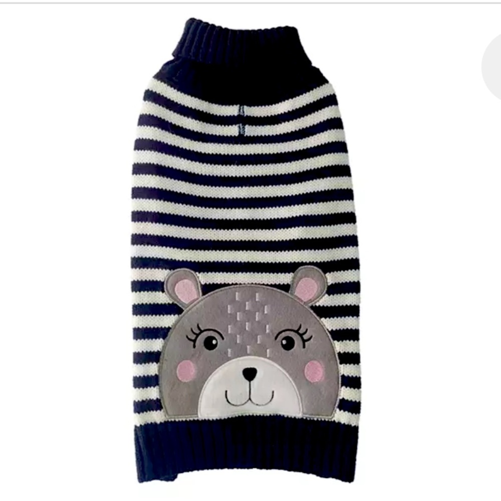Pet Medium Navy & White Stripe Bear Patch Turtle Neck Sweater